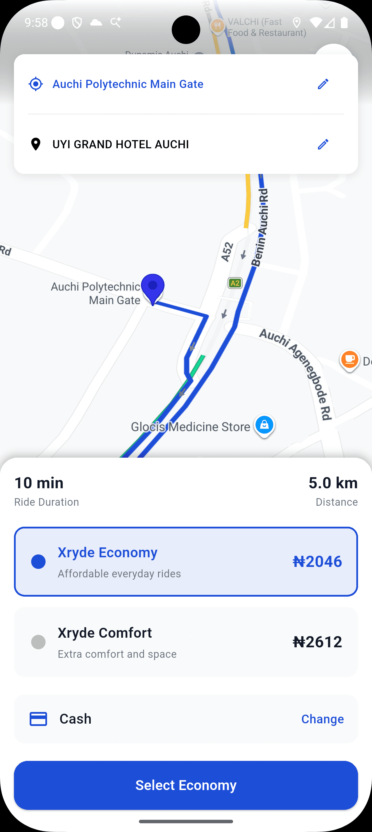 Choosing Xryde Economy or Comfort and seeing the fare upfront