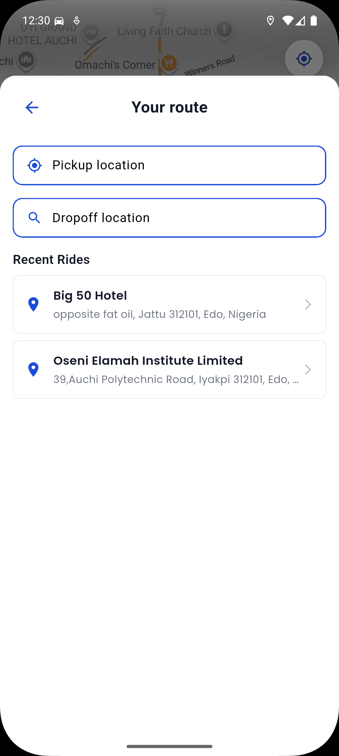 Setting the pickup and dropoff locations in the Xryde app
